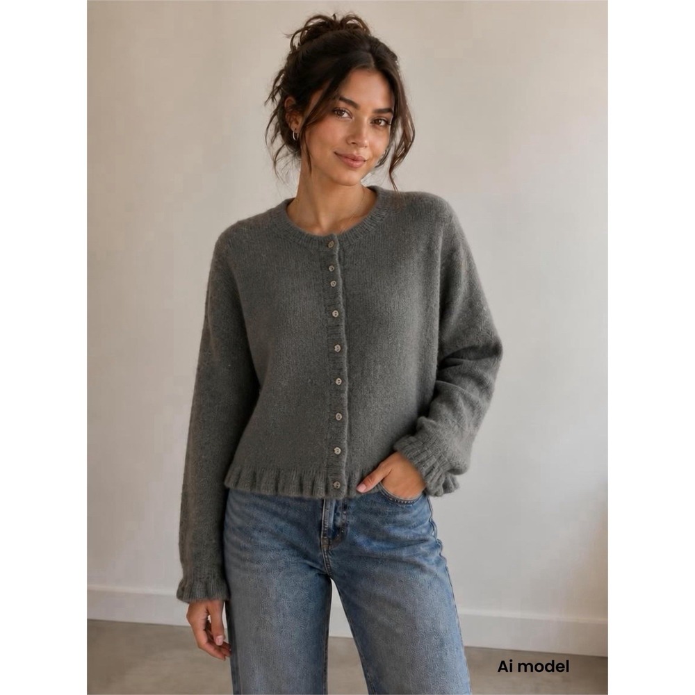 Zara Grey Ruffle Trim Knit Cardigan Button Front Crew Neck Sweater Small